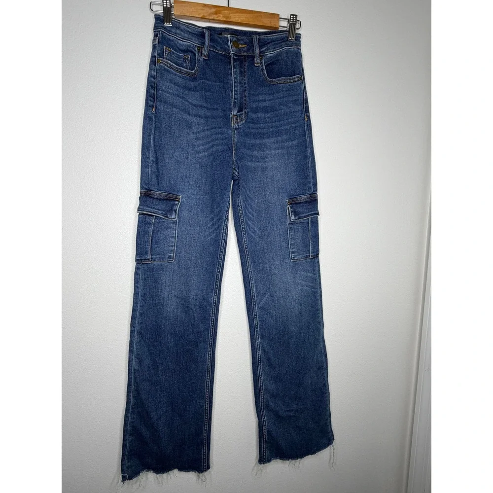 AQUA Cargo Utility Straight Leg Jeans Size 24 Raw Hem High Rise Stretch Denim